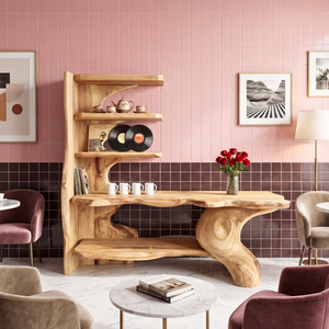 Organic Sculptural Solid Wood Console Table with Asymmetrical Shelving Artistic Freeform Console Table