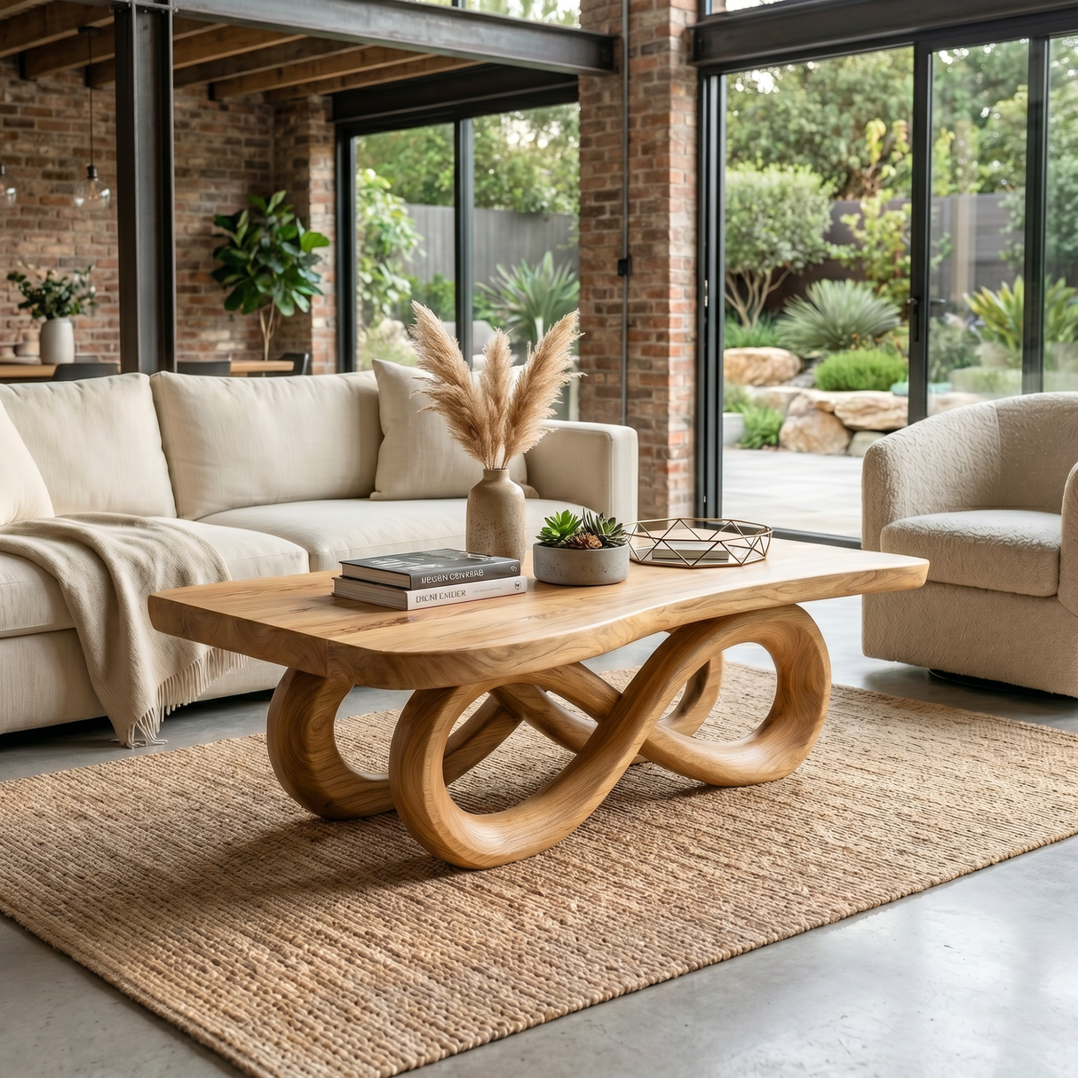 Handcrafted Solid Wood Coffee Table with Infinity Loop Base