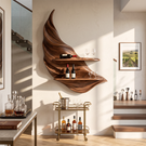 Twisting Leaf Solid Wood Wall Wine Holder with Two Display Shelves