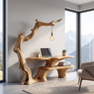 Sculptural Work Desk Tree Inspired Design with Hanging Lamp Organic Modern Workspace Table