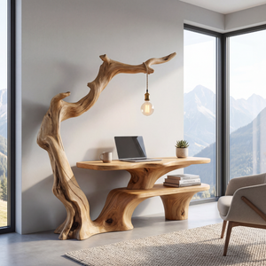 Sculptural Work Desk Tree Inspired Design with Hanging Lamp Organic Modern Workspace Table