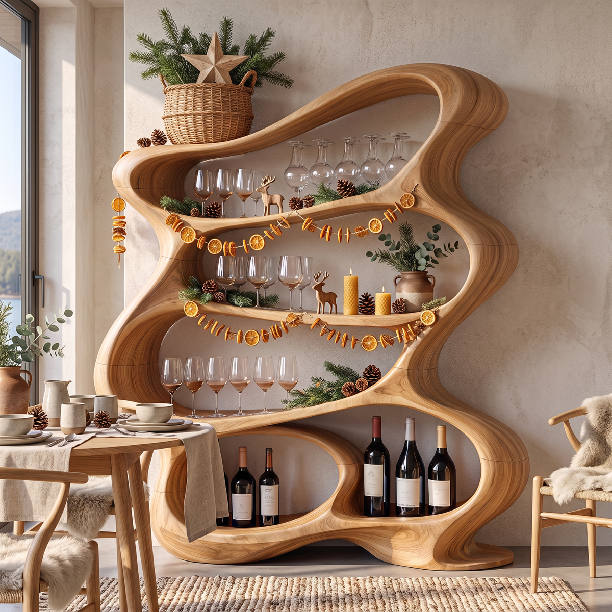 Handcrafted Solid Wood Wine Rack Cabinet with Flowing Open Shelves