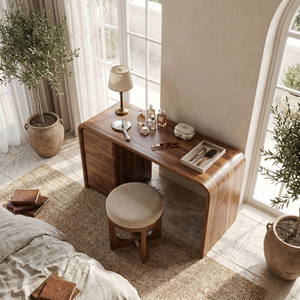 Rounded Solid Wood Vanity Table with Waterfall Side and Drawer Storage