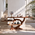 Handcrafted Solid Wood Console Table with Tiered Shelves and Sculptural Tree Base