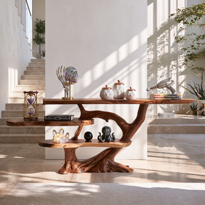 Handcrafted Solid Wood Console Table with Tiered Shelves and Sculptural Tree Base