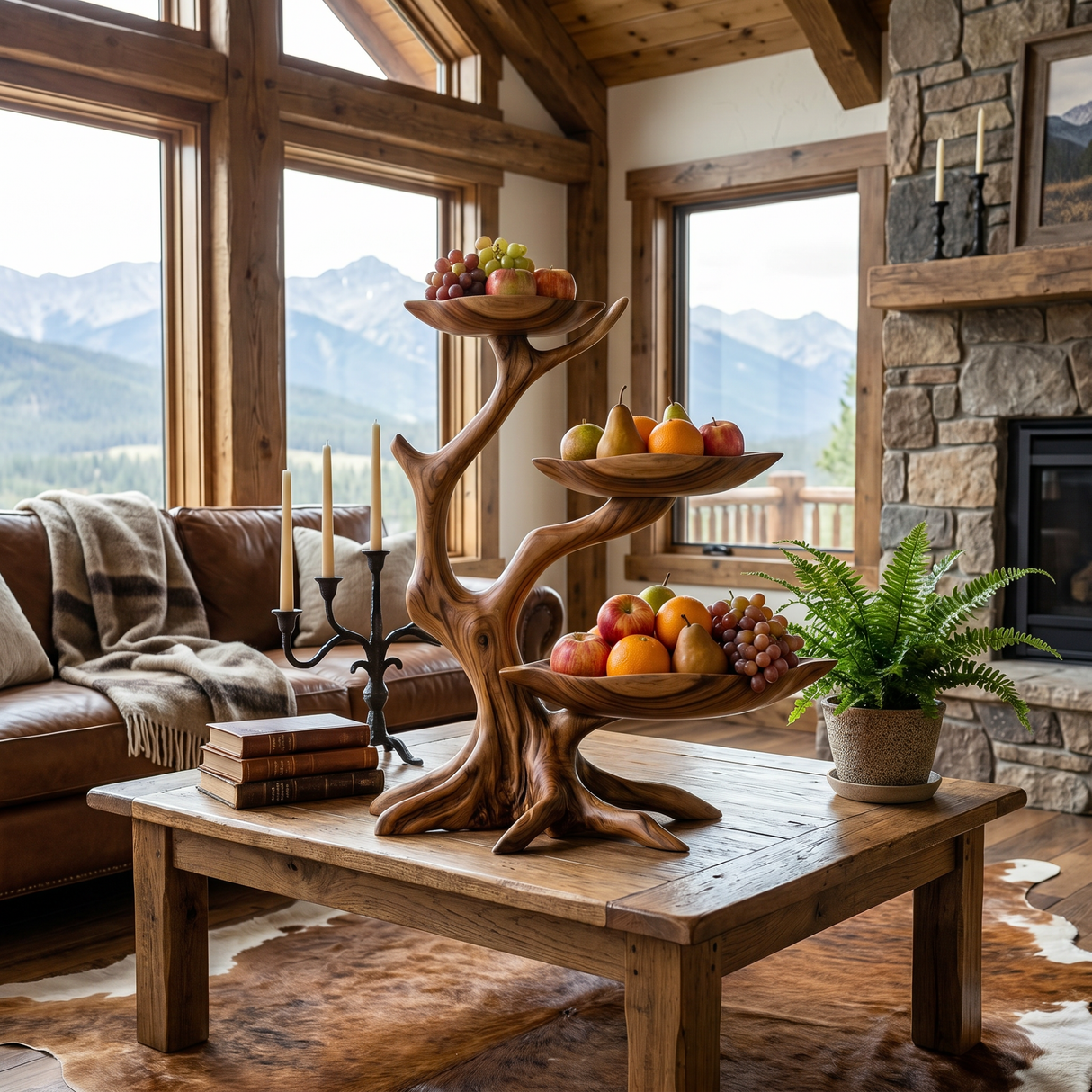 Three-Tier Sculptural Solid Wood Fruit Bowl with Organic Tree Branch Stand