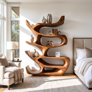 Bookshelf Solid Wood with Sculptural Organic Loop Shelves