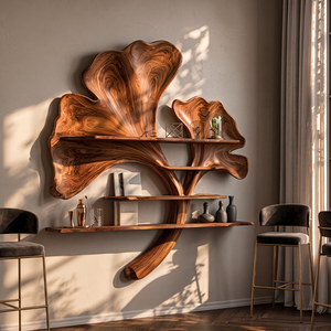 Solid Wood Ginkgo Leaf Wall Shelf Sculpture for Living Room Decor