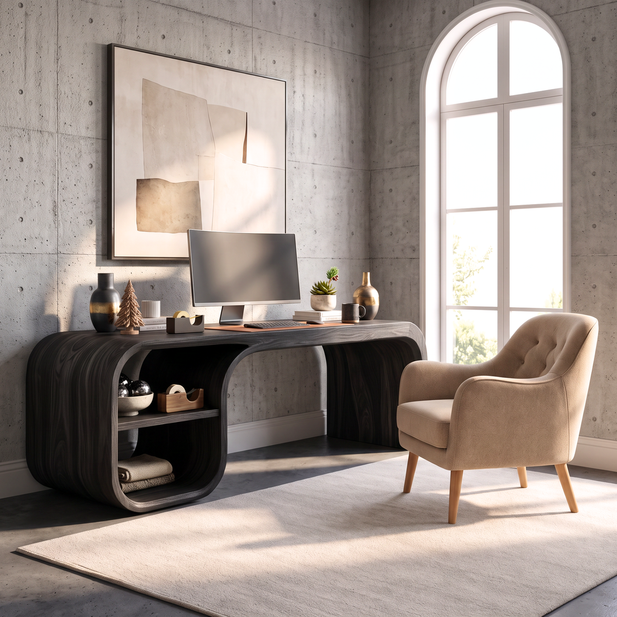 Sculptural Curved Solid Wood Desk With Open Shelf For Home Office