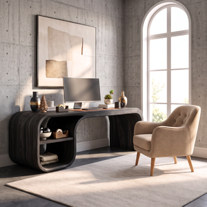 Sculptural Curved Solid Wood Desk With Open Shelf For Home Office