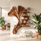 Ginkgo Leaf Solid Wood Wall Shelf with Sculptural Tiered Display Design