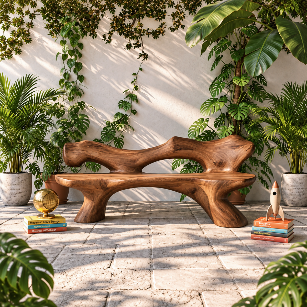 Solid Wood Garden Bench with Sculptural Organic Backrest