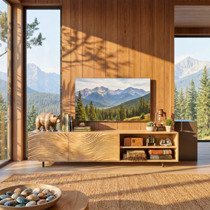 Sculptural Wood TV Cabinet with Carved Wave Front and Open Shelving, Modern Media Console.