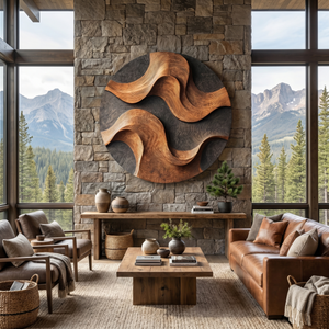 Handcrafted Wood Wall Sculpture with Woven Wave Relief and Charcoal Contrast