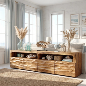 Sculptural Solid Wood TV Cabinet with Hand-Carved Wave Front