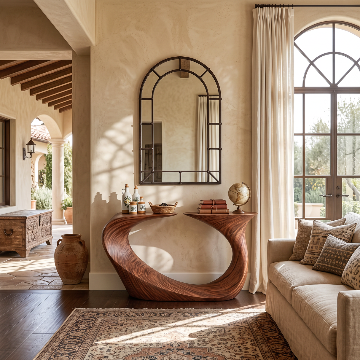 Handcrafted Solid Wood Console Table with Sculptural Loop Base
