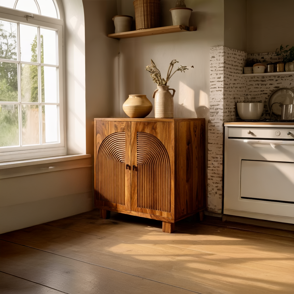 Solid Wood Sideboard with Arched Slat Doors Modern Japandi Storage Cabinet for Living Room