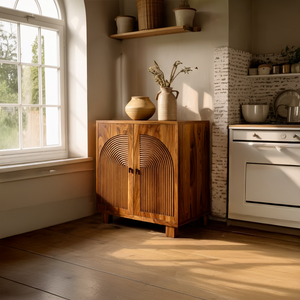 Solid Wood Sideboard with Arched Slat Doors Modern Japandi Storage Cabinet for Living Room