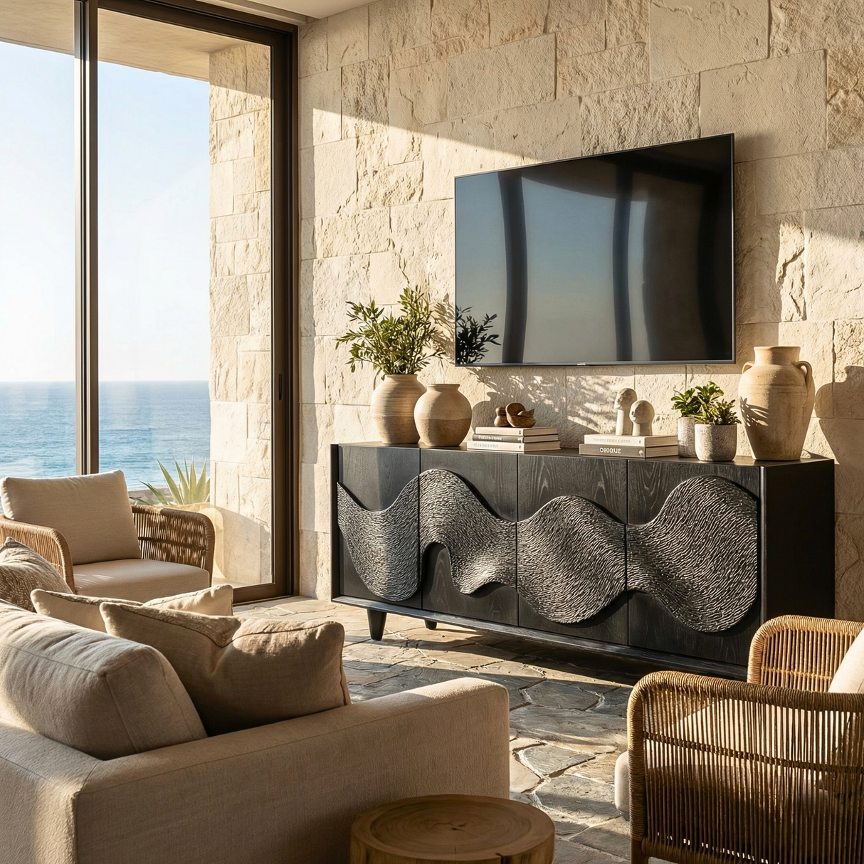 Solid Wood TV Cabinet with Wave Carved Doors for Organic Modern Interiors