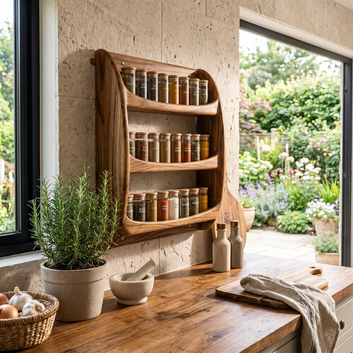 Solid Wood Wall Spice Rack with Rounded Three-Tier Open Shelf Design