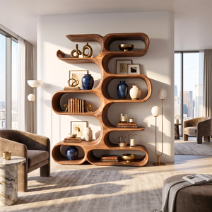 Handcrafted Solid Wood Organic Wall Bookcase with Curved Open Shelves