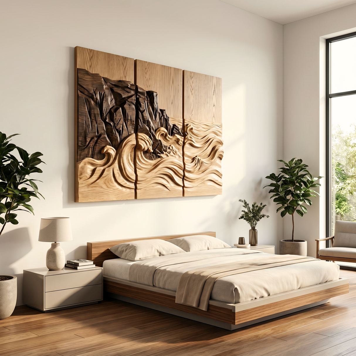 Carved Ocean Wave Triptych Wood Wall Art