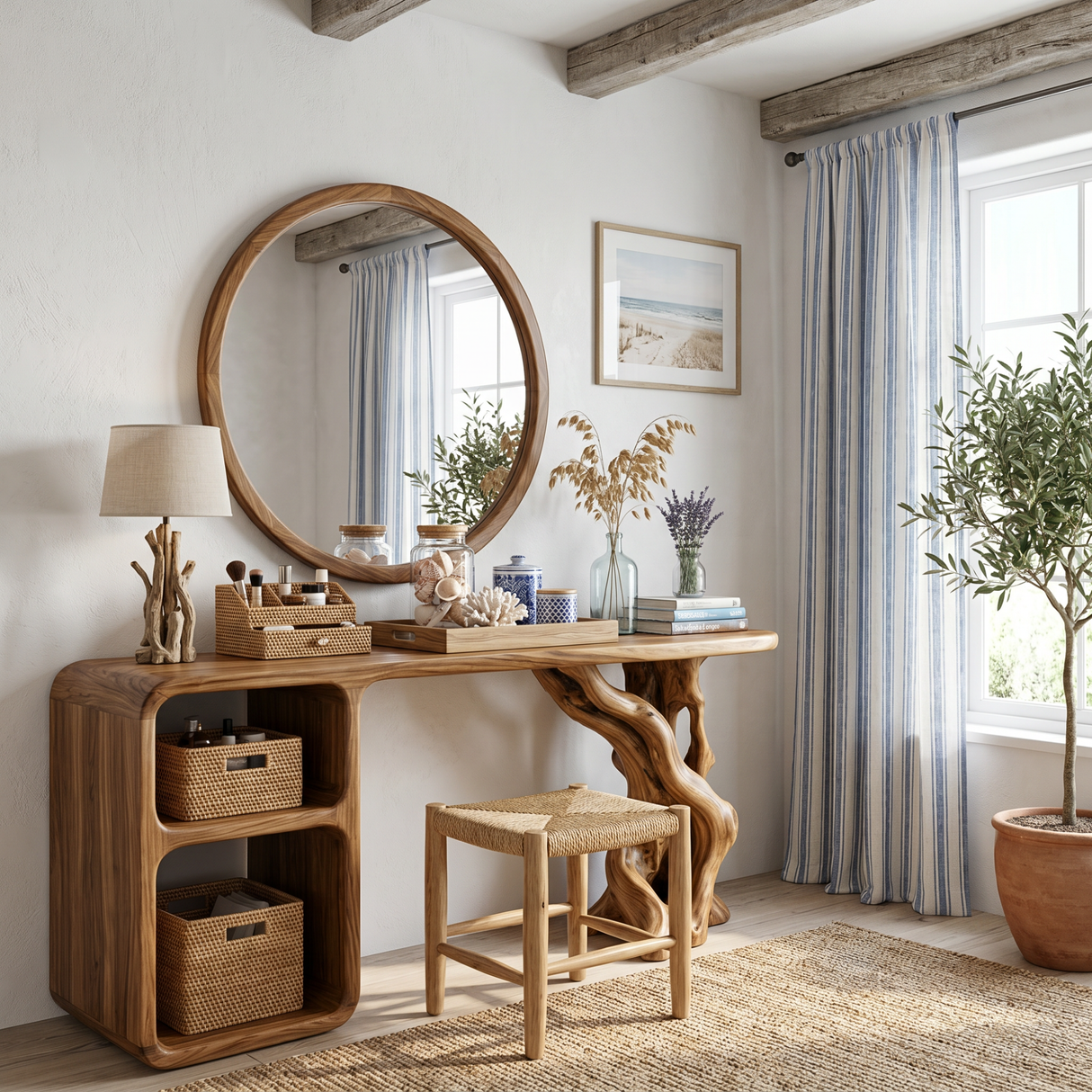 Sculptural Solid Wood Vanity Table with Organic Carved Base and Open Shelf Storage