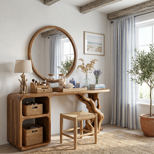 Sculptural Solid Wood Vanity Table with Organic Carved Base and Open Shelf Storage