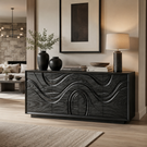 TV Console Sideboard Solid Wood with Wave Carved Cabinet Storage
