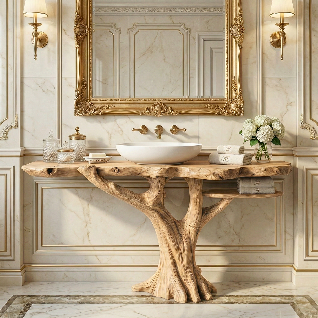 Handcrafted Solid Wood Bathroom Vanity with Tree Root Base and Side Shelf