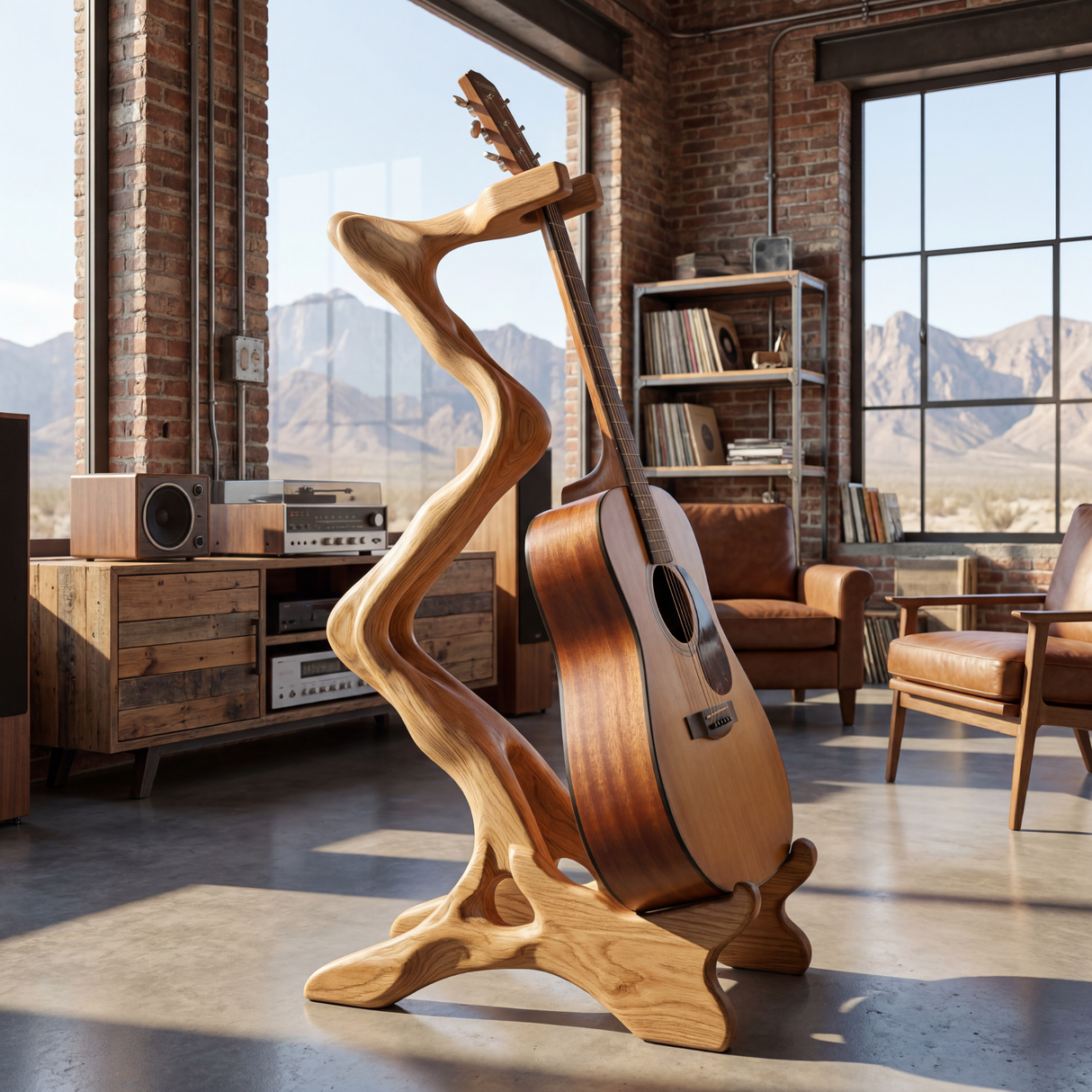 Organic Sculptural Guitar Stand Handcrafted Wooden Acoustic Holder