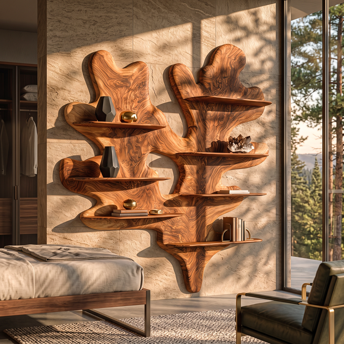 Sculptural Solid Wood Wall Shelf with Organic Leaf Inspired Design