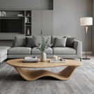 Coffee Table Solid Wood with Flowing Wave Sculptural Base for Living Room