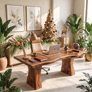 Handcrafted Live Edge Solid Wood Desk with Tapered Pedestal Legs