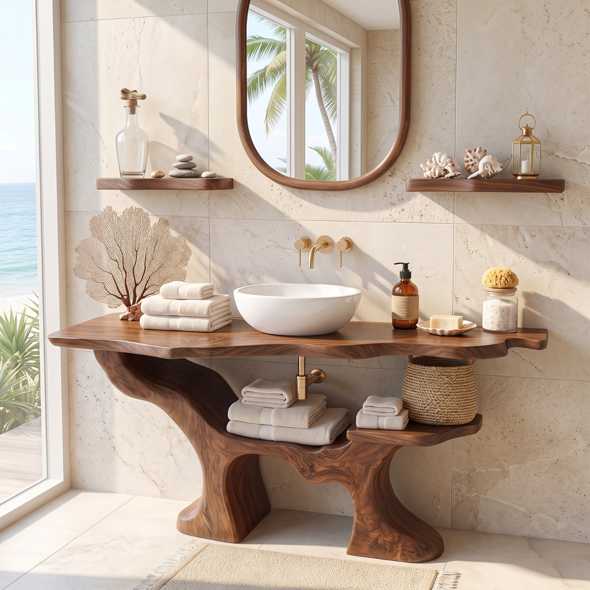 Solid Wood Bathroom Vanity with Organic Branch Base and Open Shelf
