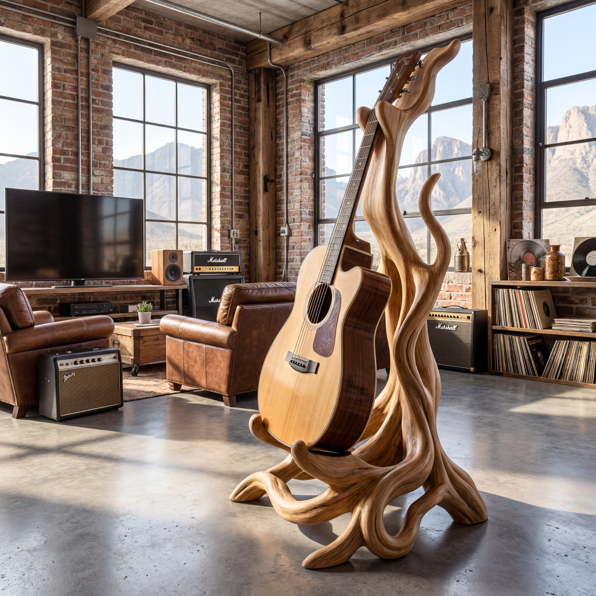 Wooden Guitar Stand with Organic Sculptural Design for Acoustic Guitar Display