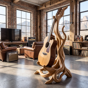 Wooden Guitar Stand with Organic Sculptural Design for Acoustic Guitar Display