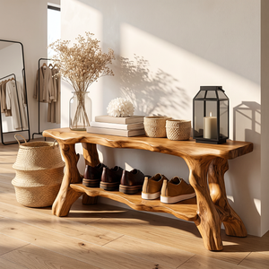 Organic Solid Wood Shoe Bench with Live Edge Seat and Open Storage Shelf