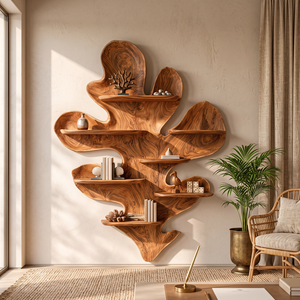 Solid Wood Leaf Sculpture Wall Shelf for Living Room, Organic Wall Mounted Display Decor