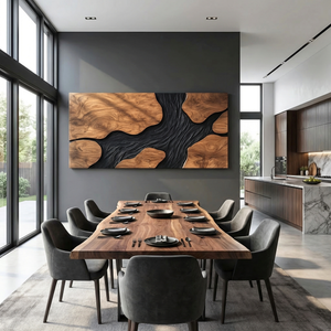 Sculptural Wood Wall Art Panel with Black Flowing Grain Form