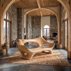 Organic Sculptural Solid Wood Bench with Cushion Handcrafted Modern Artistic Seating