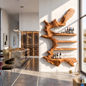 Branch Form Solid Wood Wall Wine Rack with Four Shelves