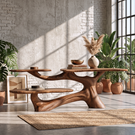 Console Table Solid Wood with Organic Multi Level Shelf Base for Entryway Decor