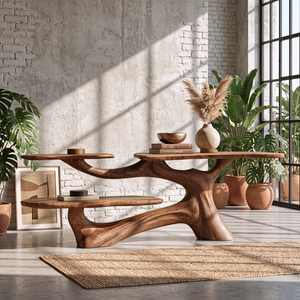 Console Table Solid Wood with Organic Multi Level Shelf Base for Entryway Decor