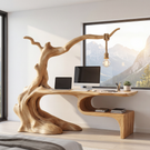 Solid Wood Organic Desk Sculptural Tree Inspired Workspace with Hanging Lamp Modern Writing Table