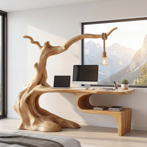 Solid Wood Organic Desk Sculptural Tree Inspired Workspace with Hanging Lamp Modern Writing Table