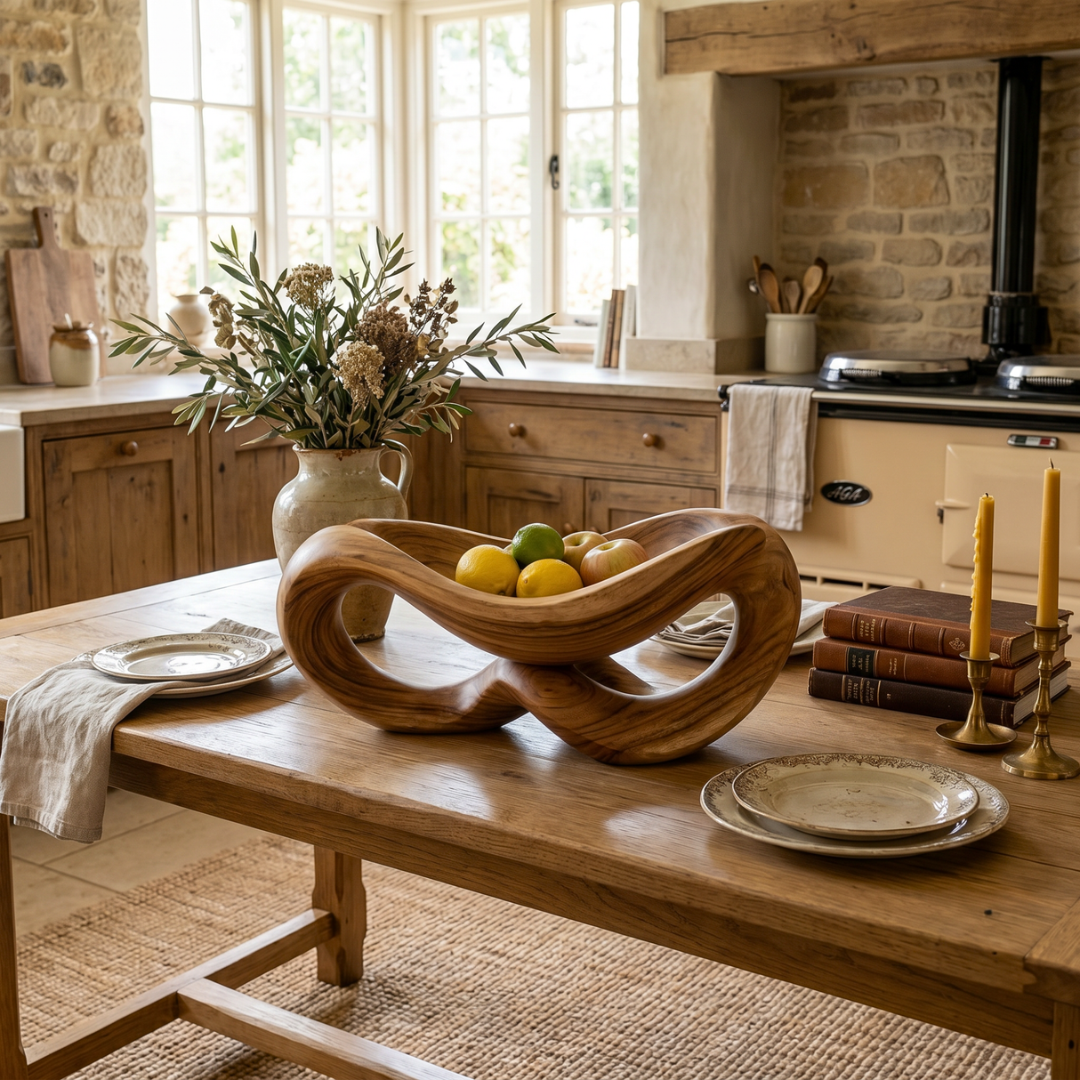 Solid Wood Infinity Curve Fruit Bowl with Open Loop Sculptural Base