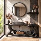 Bathroom Vanity Solid Wood with Organic Root Base and Open Shelf Storage