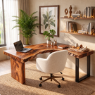 Live Edge Solid Wood L Shaped Desk with Wood Panel and Black Metal Leg