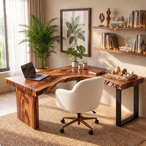 Live Edge Solid Wood L Shaped Desk with Wood Panel and Black Metal Leg